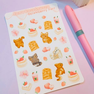 Strawberry Purr Sticker Sheet, Kawaii Cat Stickers, Bullet Journal Stickers, Bakery Stickers, Planner Stickers