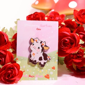 Strawberry Cow Enamel Pin, Cute Cow Pin, Kawaii Pins, Cute Accessories, Cow Enamel Pin, Bag Pins, Shortcake Pin