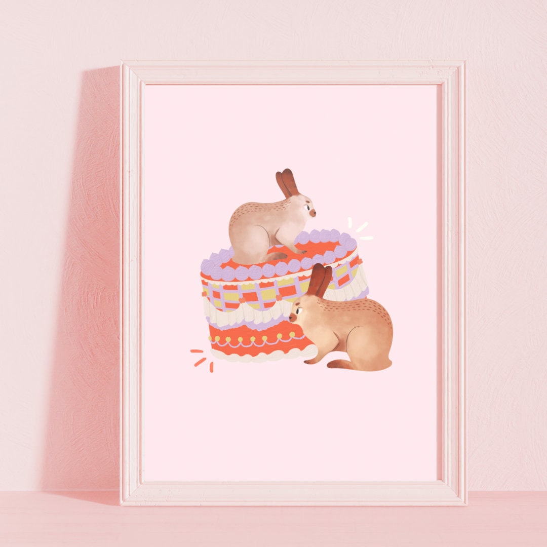 Cute Cake Art Print, Bunny Art Print, 5x7 Art Print, Kawaii Print, Art