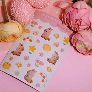 Sunny Bunny Vinyl Sticker Sheet, Kawaii Planner Sticker, Cute Rabbit Stickers, Cute Easter Stationary, Bunny Sticker Sheets