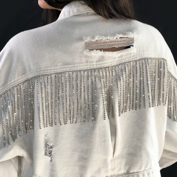 White Rhinestones fringe Jean Jacket • Women’s jacket • Denim jacket • Fringe Rhinestone • Embellished jacket • Bling Jacket • White Jacket