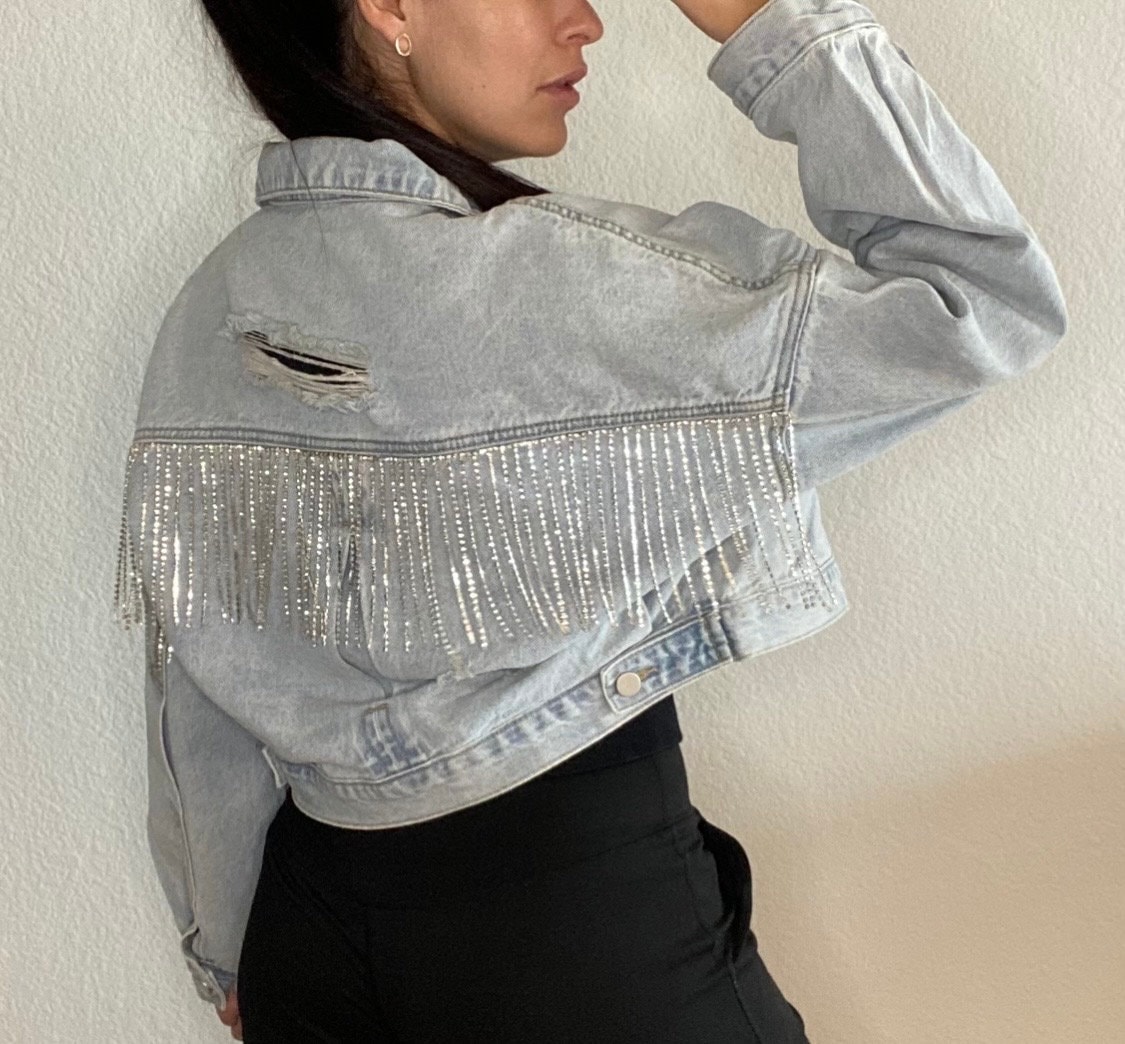 Rhinestones Fringe Jean Jacket Womens Jacket for Festivals Oversized
