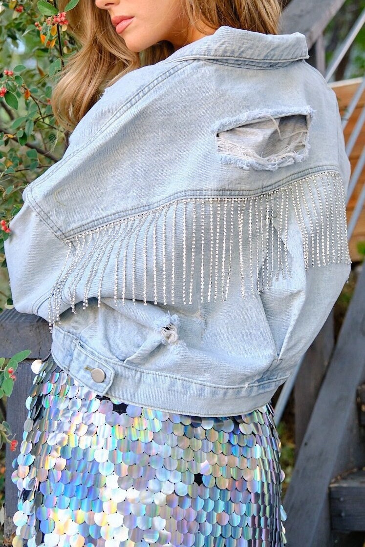 Rhinestones Fringe Jean Jacket Womens Jacket for Festivals Oversized