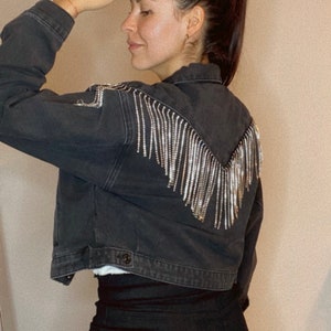 Rhinestones fringe Jean Jacket • Women’s jacket festivals • Cowboy Style Black Jacket • Fringe Rhinestone • Embellished Denim Jacket Cowgirl