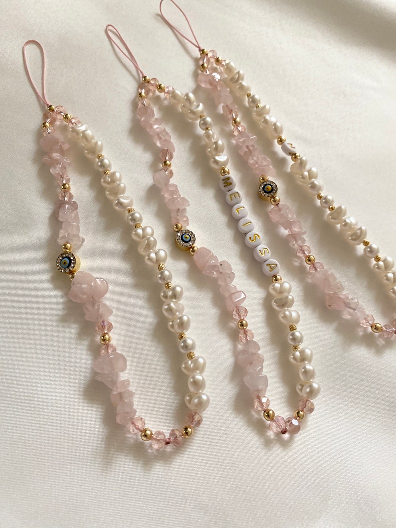 Rose Quartz Gemstone Phone Strap, Healing Crystal Beads Phone Charm, Evil Eye Personalized Phone Strap,Pearl Beaded Phone Chain,Lanyard image 9