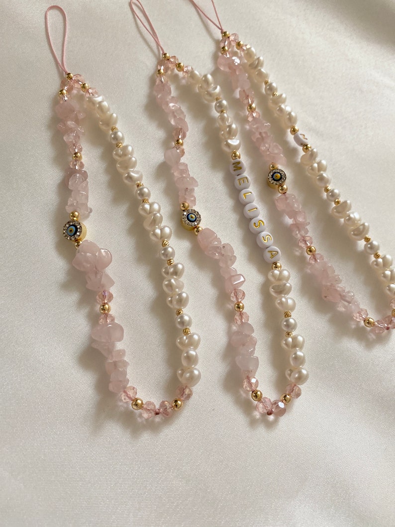 Rose Quartz Gemstone Phone Strap, Healing Crystal Beads Phone Charm, Evil Eye Personalized Phone Strap,Pearl Beaded Phone Chain,Lanyard image 3