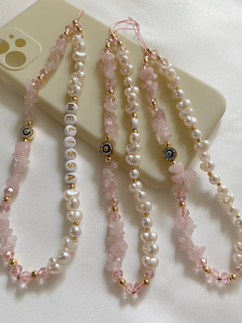 Rose Quartz Gemstone Phone Strap, Healing Crystal Beads Phone Charm, Evil Eye Personalized Phone Strap,Pearl Beaded Phone Chain,Lanyard image 2