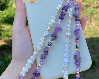 Amethyst Gemstone Phone Charm, Customizable Pearl Beaded Phone Strap, Healing Crystal Beads Phone Charm, Evil Eye Beaded Phone Chain