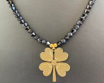 Crystal bead necklace,clover leaf necklace, black necklace for women