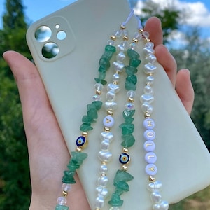 Aventurine Gemstone Crystal Beads Phone Charm, Personalized Phone Strap, Evil Eye Beaded Phone Charm, Pearl Beaded Phone Chain,Healing Gift