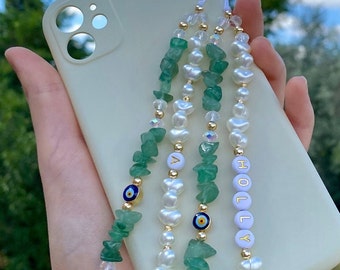 Aventurine Gemstone Crystal Beads Phone Charm, Personalized Phone Strap, Evil Eye Beaded Phone Charm, Pearl Beaded Phone Chain,Healing Gift