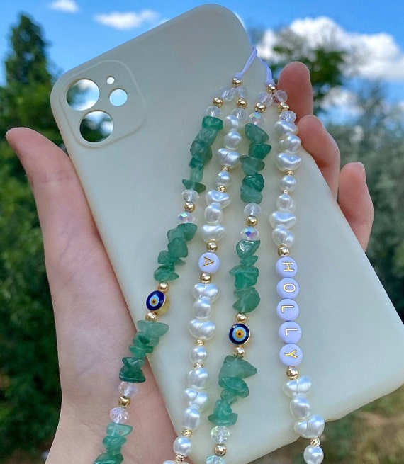 Aventurine Gemstone Crystal Beads Phone Charm, Personalized Phone Strap,  Evil Eye Beaded Phone Charm, Pearl Beaded Phone Chain,healing Gift 