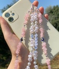 Rose Quartz Gemstone Phone Charm, Evil Eye Custom Phone Strap, Healing Crystal Beads Phone Charm, Pearl Beaded Phone Chain, Phone Lanyard product logo