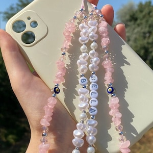 Rose Quartz Gemstone Phone Charm, Evil Eye Custom Phone Strap, Healing Crystal Beads Phone Charm, Pearl Beaded Phone Chain, Phone Lanyard