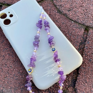 Amethyst Gemstone Phone Charm, Personalized Evil Eye Phone Strap,Healing Crystal Beads Phone Charm,Natural Stone Beaded Phone Chain