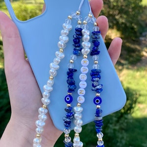 Lapis Lazuli Phone Charm, Healing Crystals Gemstone Phone Strap, Pearl Beaded Phone Charm, Personalized Phone Strap, Phone Chain, Gemstone