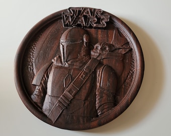 Star Wars, The Mandalorian and Child, Wood Carving