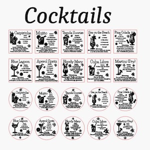 May include: An image featuring the word "Cocktails" at the top, with various cocktail recipe cards below. The cards include recipes for drinks like Mojito, Tequila Sunrise, and Pina Colada. The image also includes circular versions of the same cocktail recipes.