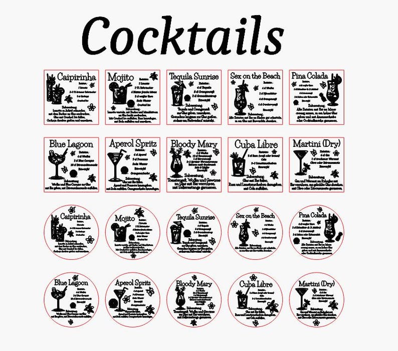 May include: An image featuring the word "Cocktails" at the top, with various cocktail recipe cards below. The cards include recipes for drinks like Mojito, Tequila Sunrise, and Pina Colada. The image also includes circular versions of the same cocktail recipes.