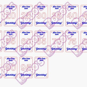 May include: A collection of laser-cut birthday stencils featuring numbers from 10 to 95. Each stencil includes the German phrases "Alles Gute zum Geburtstag!" in blue script, connected by a heart-shaped design.