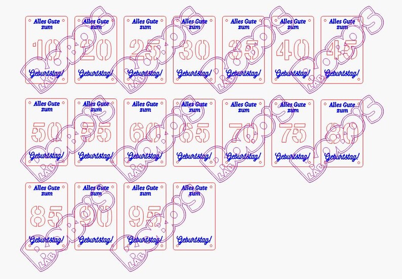 May include: A collection of laser-cut birthday stencils featuring numbers from 10 to 95. Each stencil includes the German phrases "Alles Gute zum Geburtstag!" in blue script, connected by a heart-shaped design.