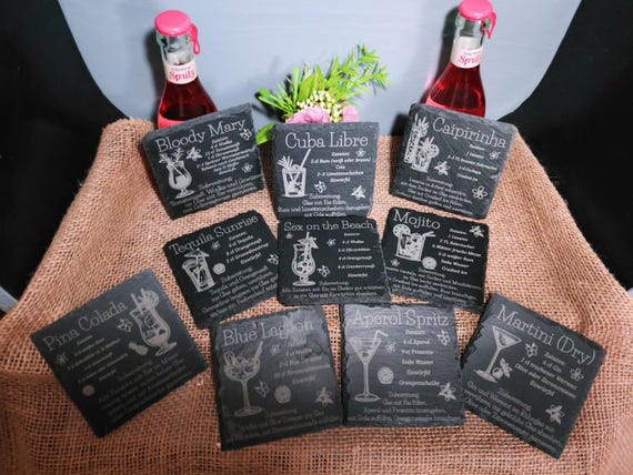 Untersetzer mit Cocktails oder Mocktails Rezepte auf Schiefer oder Holz (10cm)