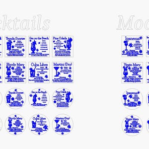 May include: A collection of blue and white cocktail and mocktail recipe cards and coasters. The cards feature drink names like "Mojito" and "Tequila Sunrise." The coasters have the same designs. The word "Cocktails" and "Mocktails" are at the top.
