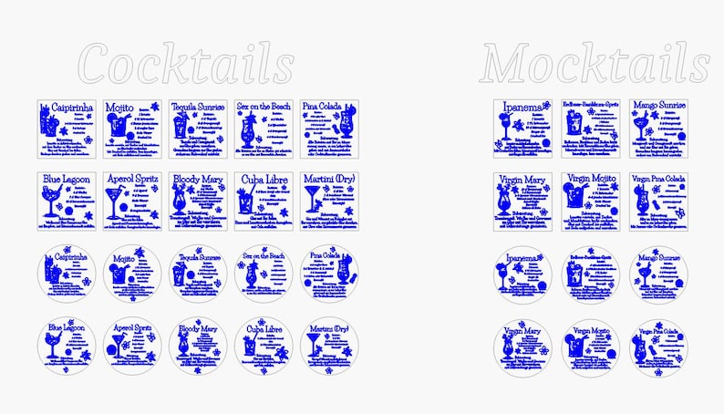 May include: A collection of blue and white cocktail and mocktail recipe cards and coasters. The cards feature drink names like "Mojito" and "Tequila Sunrise." The coasters have the same designs. The word "Cocktails" and "Mocktails" are at the top.