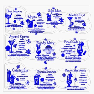 May include: A blue and white graphic featuring cocktail recipes, including Blue Lagoon, Mojito, Cuba Libre, Martini, Aperol Spritz, Bloody Mary, Pina Colada, Caipirinha, Tequila Sunrise, and Sex on the Beach. Each recipe includes ingredients and instructions.