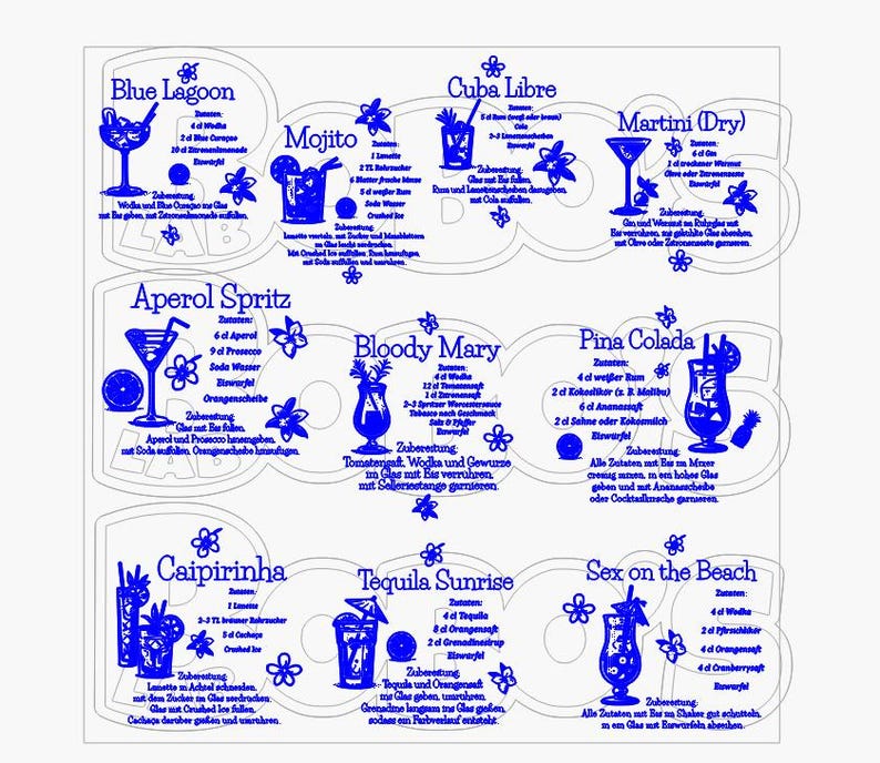 May include: A blue and white graphic featuring cocktail recipes, including Blue Lagoon, Mojito, Cuba Libre, Martini, Aperol Spritz, Bloody Mary, Pina Colada, Caipirinha, Tequila Sunrise, and Sex on the Beach. Each recipe includes ingredients and instructions.