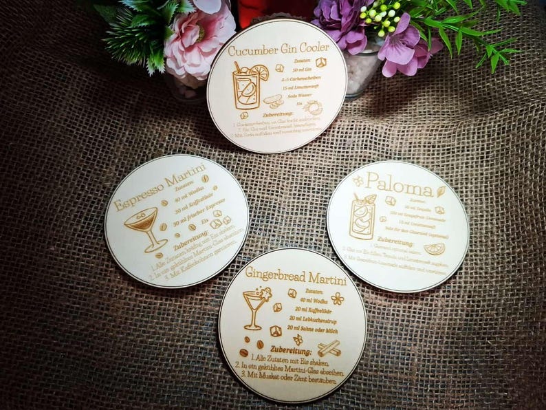 Untersetzer mit Cocktails oder Mocktails Rezepte auf Schiefer oder Holz (10cm) image 14