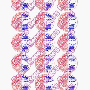 K&ouml;nnte beinhalten: Wiederholendes Muster kreisf&ouml;rmiger Designs, die jeweils in rote und blaue H&auml;lften geteilt sind. Die rote Seite zeigt ein florales Design, w&auml;hrend die blaue Seite Text und ein Herz enth&auml;lt. Zahlen wie 10, 25, 40, 50, 60 und 65 sind sichtbar.