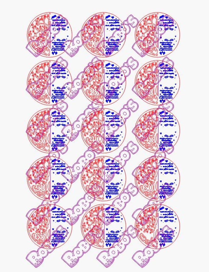 K&ouml;nnte beinhalten: Wiederholendes Muster kreisf&ouml;rmiger Designs, die jeweils in rote und blaue H&auml;lften geteilt sind. Die rote Seite zeigt ein florales Design, w&auml;hrend die blaue Seite Text und ein Herz enth&auml;lt. Zahlen wie 10, 25, 40, 50, 60 und 65 sind sichtbar.