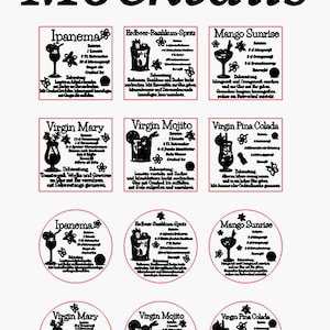 May include: A white background features the word "Mocktails" in large, black, stylized letters. Below are six recipe cards and three circular designs for non-alcoholic cocktails, each with a name, ingredients, and instructions in German.