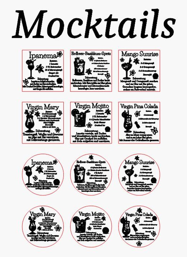 May include: A white background features the word "Mocktails" in large, black, stylized letters. Below are six recipe cards and three circular designs for non-alcoholic cocktails, each with a name, ingredients, and instructions in German.