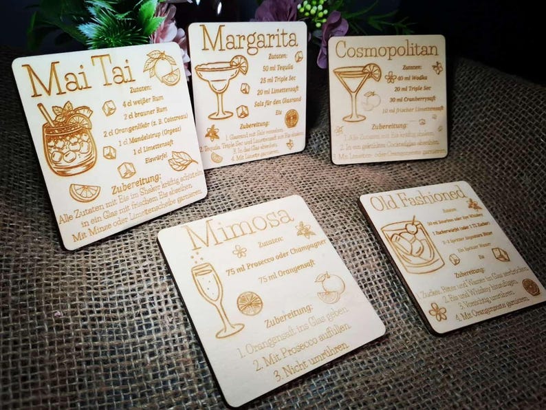 Untersetzer mit Cocktails oder Mocktails Rezepte auf Schiefer oder Holz (10cm) image 13