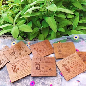 May include: Wooden coasters with engraved cocktail recipes, including "Sex on the Beach," "Blue Lagoon," and "Tequila Sunrise." The coasters are square, with a light brown finish, and are arranged on a floral patterned cloth with green foliage in the background.