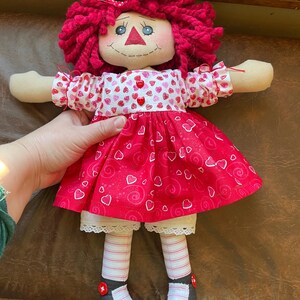 Handmade modern 16” raggedy Ann doll in a shimmer hearts on hearts print dress