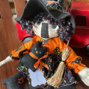 Handmade Primitive Halloween Fall Autumn Minerva witch doll with her cat and broom decor