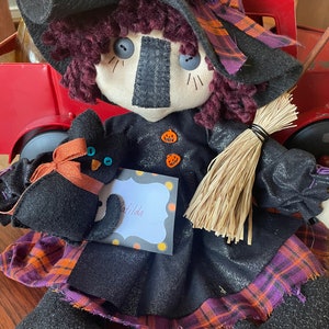 Handmade Primitive Halloween Fall Autumn witch doll with apron, cat, and broom decor