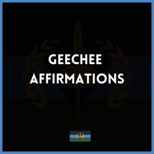 May include: A black and white graphic with the text "GEECHEE AFFIRMATIONS" in white letters. The graphic features a stylized sword and two laurel wreaths. A small flag with a green, blue, and white colour scheme is at the bottom of the graphic.