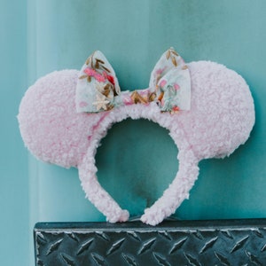 Rose Garden Pink Floral Lace Bow Fluffy Sherpa Mouse Ears Headband