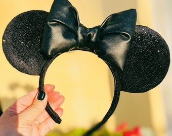 Galactic Sparkle Glitter Shiny Multi Color Black Faux Leather Bow Mouse Ears Headband