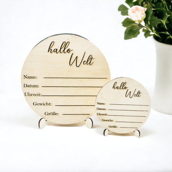 Meilensteinkarte Holz / Geburtsschild Neugeborenen / Geburt Nachwuchs / Hallo Welt / Babyshower l Holz schild