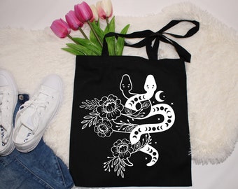 Snake Flower Mandala Tote Bag - Boho Celestial Cotton Shopper