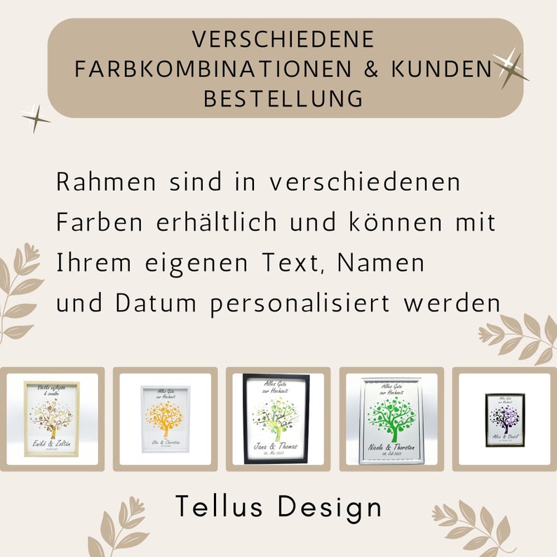 May include: A display of framed art prints with tree designs in various colors. The prints are personalized with names and dates. The text at the top reads "VERSCHIEDENE FARBKOMBINATIONEN & KUNDEN BESTELLUNG". The bottom text says "Tellus Design".