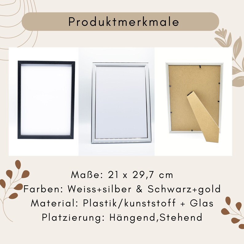 May include: Three picture frames in black, silver, and white. The frames are shown from the front and back, with a stand on the back of the white frame. The text in the image says the frames are 21 x 29.7 cm, made of plastic and glass.