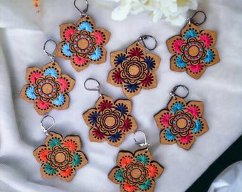 Handmade Embroidered Mandala Wooden Earrings | Boho Floral Jewelry
