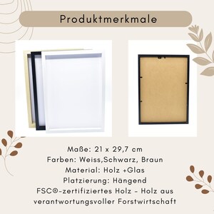 May include: A set of three picture frames in white, black, and beige. The frames are rectangular with a simple design. The dimensions are 21 x 29.7 cm. The frames are made of wood and glass. The text on the image says "Produktmerkmale".