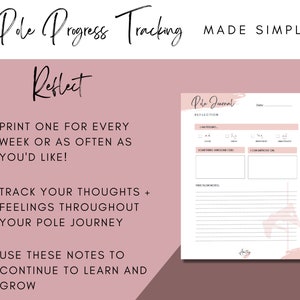 May include: A printable pole journal with a pink background and a pink and white illustration of a woman on a pole. The journal is titled "Pole Journal" and has sections for reflection, including "I am feeling", "Something awesome I did", and "I can improve on".